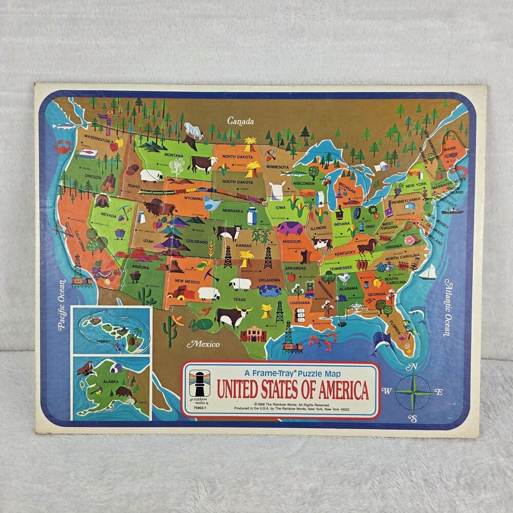 Vintage 1968 Rainbow Works USA Frame Tray Puzzle Map Complete Educational